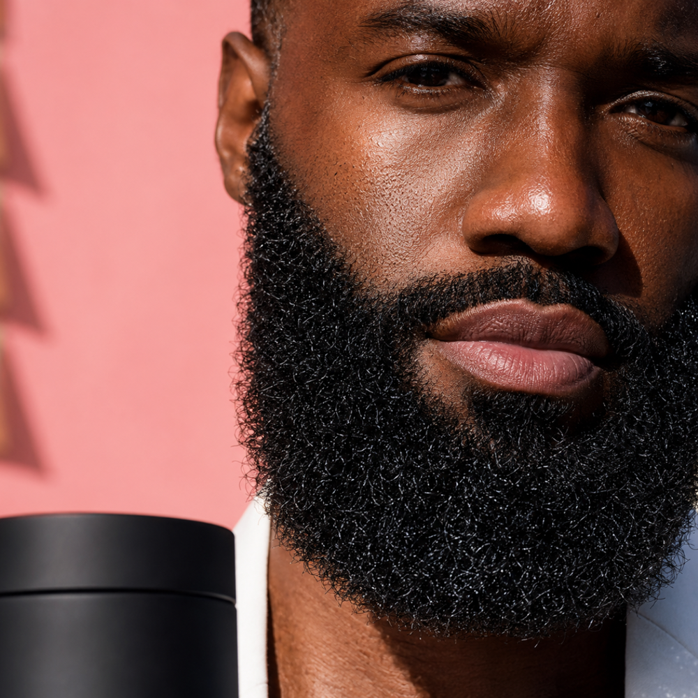 close up portrait of a black man with a full well-groomed beard against a warm neutral background