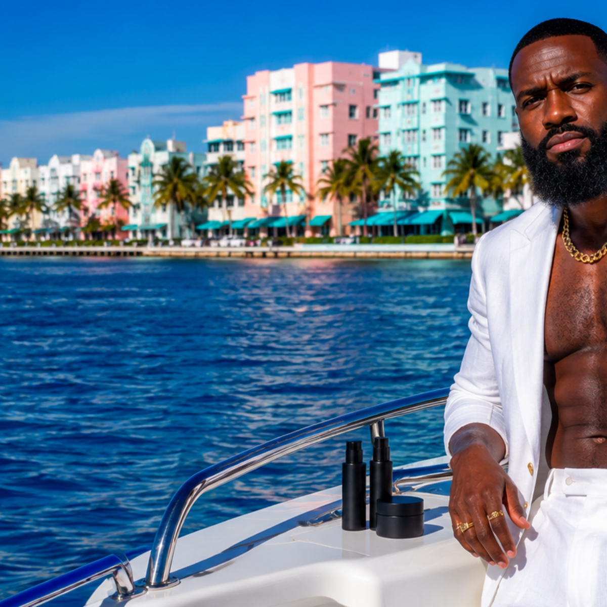 Confident Black man in an open white shirt on a luxury yacht with Calla beard grooming products — premium clean beard care for men, Beards & Bellas